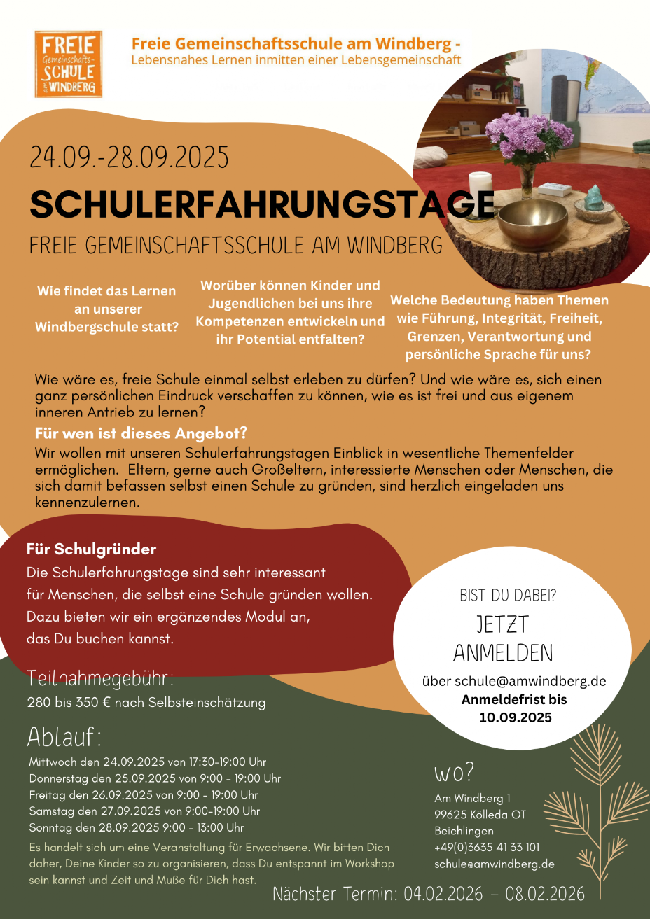 Wie wäre es für Eltern freie Schule einfach einmal selbst erleben zu dürfen und dabei ihre eigene Lernbiografie zu reflektieren? Und wie wäre es sich einen ganz persönlichen Eindruck verschaffen zu können, wie es ist frei und aus eigenen inneren Antrieb zu lernen? Wir werden uns auch mit den persönlichen Fragen befassen, beispielweise wie es ist die eigenen Kinder auf eine nicht-direktive, freie und aktive Schule zu geben.