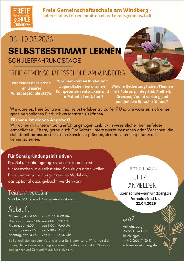 Wie wäre es für Eltern freie Schule einfach einmal selbst erleben zu dürfen und dabei ihre eigene  Lernbiografie zu reflektieren? Und wie wäre es sich einen ganz persönlichen Eindruck verschaffen zu  können, wie es ist frei und aus eigenen inneren Antrieb zu lernen?  Wir werden uns auch mit den persönlichen Fragen befassen, beispielweise wie es ist die eigenen Kinder  auf eine nicht-direktive, freie und aktive Schule zu geben.